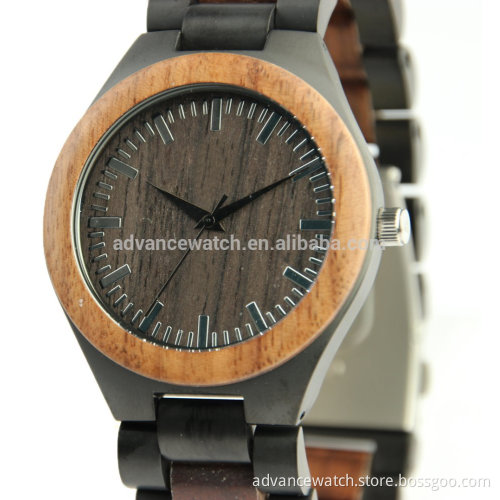 2017 Ebony wood and stainless steel two tone metal wood custom logo watches